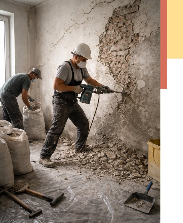 Демонтаж штукатурки со стен в Кыштыме от 7478 руб/м² — быстро и недорого | ОТДЕЛОЧНИК-Кшт