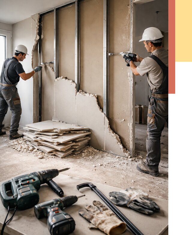 Демонтаж перегородки из гипсокартона в Кыштыме от 1246 руб. быстро и недорого | ОТДЕЛОЧНИК-Кшт