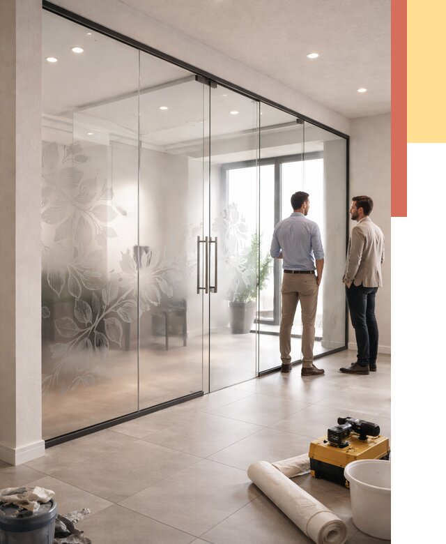 Стеклянные перегородки с рисунком в Кыштыме от 12983 руб. монтаж и нанесение | ОТДЕЛОЧНИК-Кшт