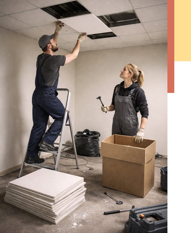 Демонтаж потолочной плитки в Кыштыме от 4674 руб. быстро и недорого | ОТДЕЛОЧНИК-Кшт