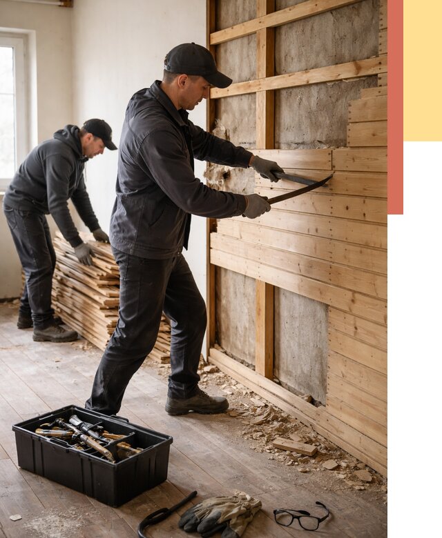 Демонтаж вагонки в Кыштыме от 3947 руб/м2 — быстро и недорого | ОТДЕЛОЧНИК-Кшт