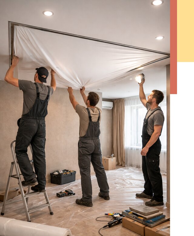 Монтаж ПВХ натяжного потолка в Кыштыме от 3635 руб. под ключ | ОТДЕЛОЧНИК-Кшт