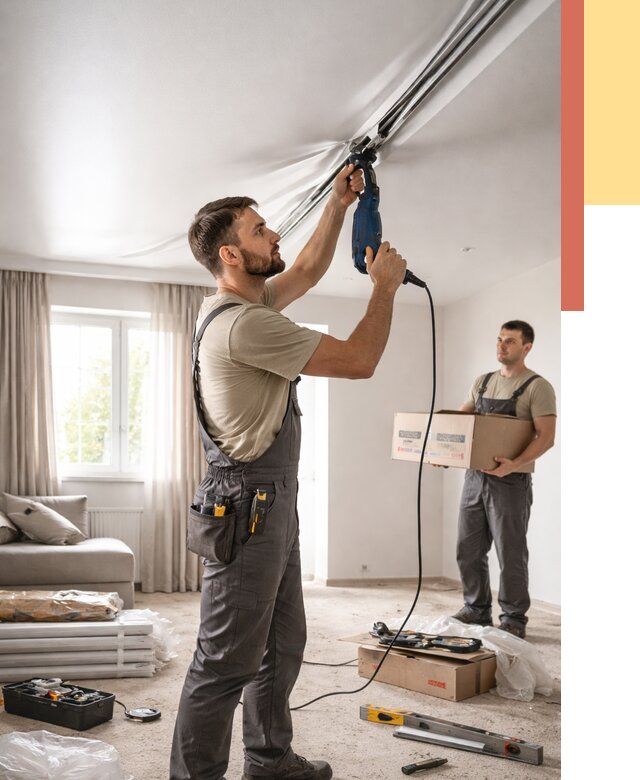 Монтаж сатинового натяжного потолка в Кыштыме от 3635 руб. | Быстро, недорого — ОТДЕЛОЧНИК-Кшт