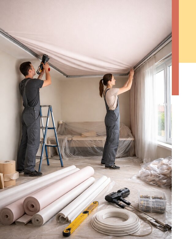 Монтаж цветного натяжного потолка в Кыштыме от 4362 руб/м² — быстро и недорого | ОТДЕЛОЧНИК-Кшт