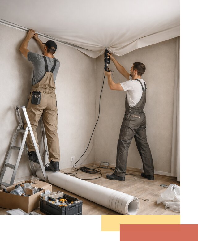 Монтаж цветного натяжного потолка в Кыштыме за один день