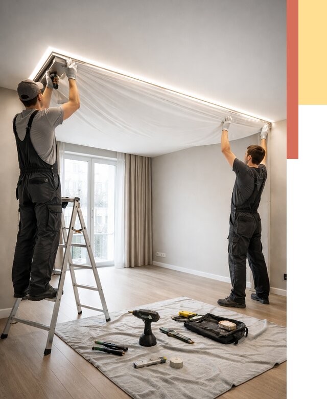 Монтаж парящего натяжного потолка в Кыштыме от 4674 руб. быстро и недорого | ОТДЕЛОЧНИК-Кшт