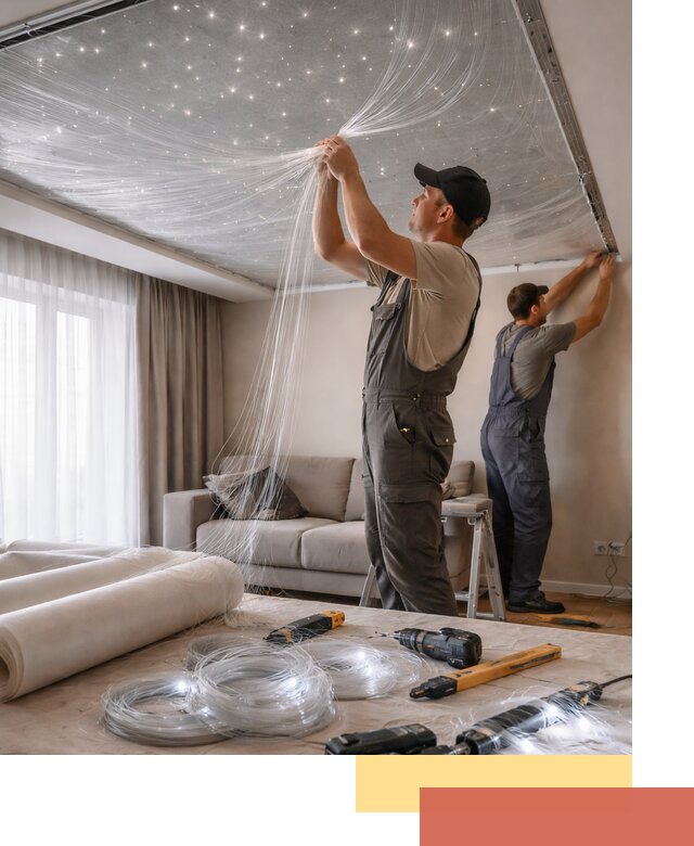 Монтаж натяжного потолка «Звездное небо» в Кыштыме