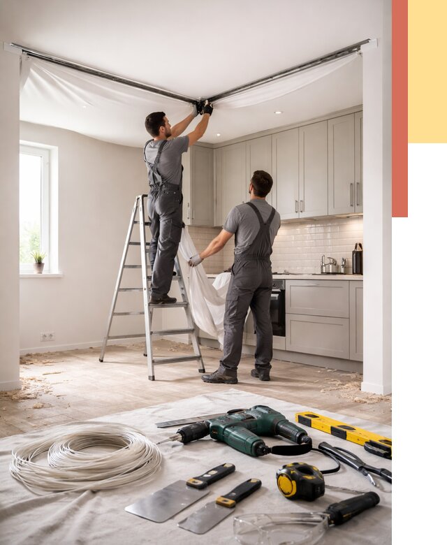 Установка натяжного потолка на кухне в Кыштыме от 2493 руб. | ОТДЕЛОЧНИК-Кшт