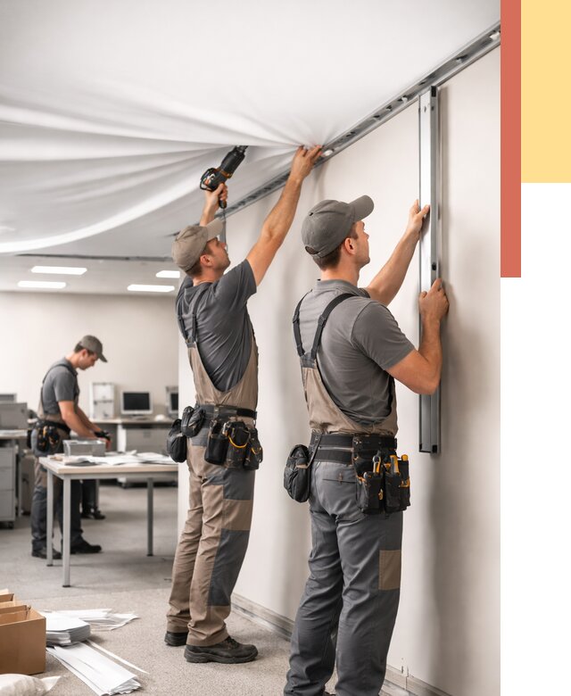 Монтаж натяжного потолка в офисе в Кыштыме от 467 руб/м² — быстро и недорого | ОТДЕЛОЧНИК-Кшт