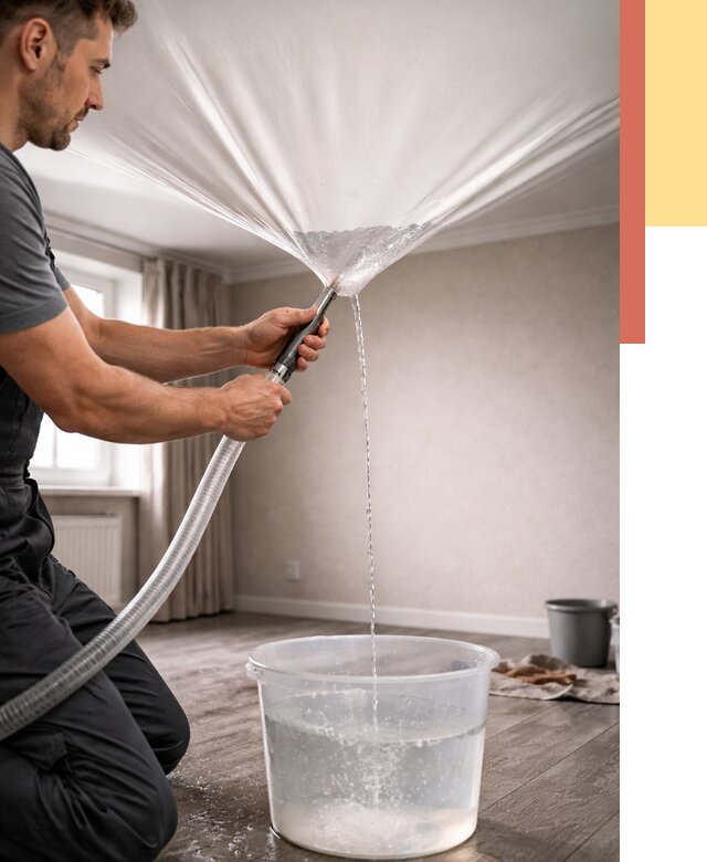 Слив воды с натяжного потолка в Кыштыме от 2597 руб. быстро и недорого | ОТДЕЛОЧНИК-Кшт