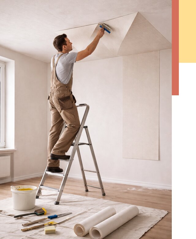 Поклейка обоев на потолок в Кыштыме от 4674 руб. быстро и недорого | ОТДЕЛОЧНИК-Кшт